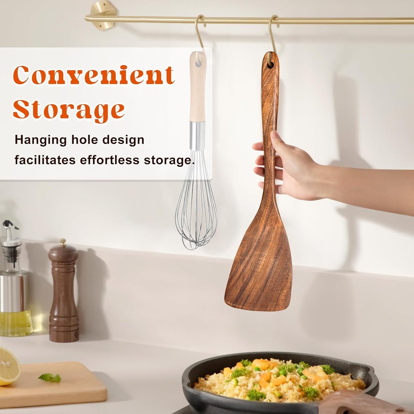 2Pcs Wooden Spatula, Acacia Solid & Slotted Turner Spatula Set, Long Handle Flat Frying Spatulas, Ideal Kitchen Gift for Mother and Grandma, Kitchen Utensils Set for Cooking, Frying, Baking