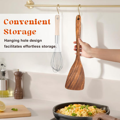 2Pcs Wooden Spatula, Acacia Solid & Slotted Turner Spatula Set, Long Handle Flat Frying Spatulas, Ideal Kitchen Gift for Mother and Grandma, Kitchen Utensils Set for Cooking, Frying, Baking