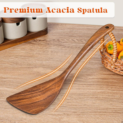 2Pcs Wooden Spatula, Acacia Solid & Slotted Turner Spatula Set, Long Handle Flat Frying Spatulas, Ideal Kitchen Gift for Mother and Grandma, Kitchen Utensils Set for Cooking, Frying, Baking