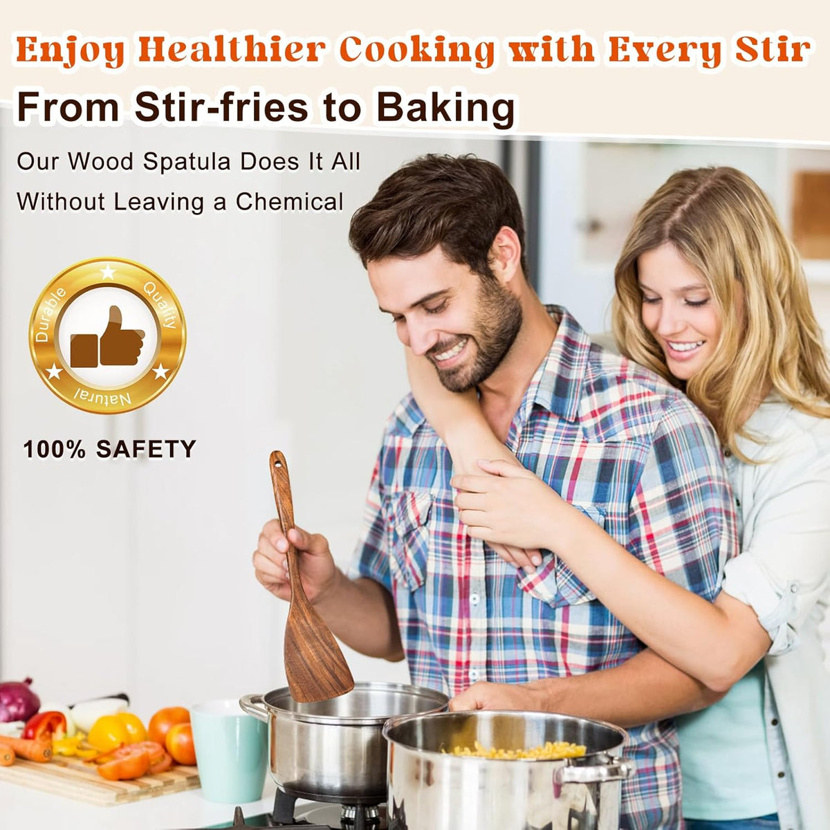 2Pcs Wooden Spatula, Acacia Solid & Slotted Turner Spatula Set, Long Handle Flat Frying Spatulas, Ideal Kitchen Gift for Mother and Grandma, Kitchen Utensils Set for Cooking, Frying, Baking