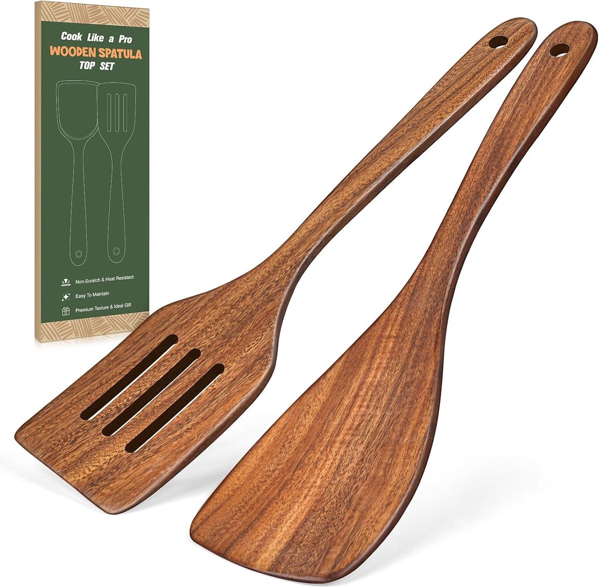 2Pcs Wooden Spatula, Acacia Solid & Slotted Turner Spatula Set, Long Handle Flat Frying Spatulas, Ideal Kitchen Gift for Mother and Grandma, Kitchen Utensils Set for Cooking, Frying, Baking
