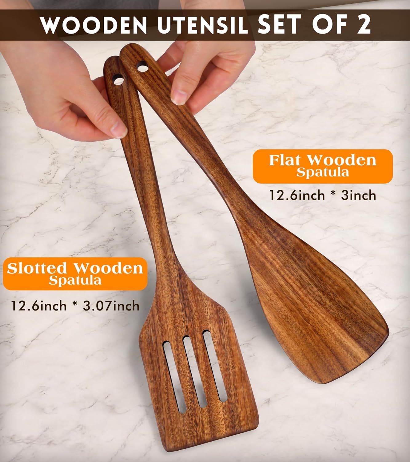 2Pcs Wooden Spatula, Acacia Solid & Slotted Turner Spatula Set, Long Handle Flat Frying Spatulas, Ideal Kitchen Gift for Mother and Grandma, Kitchen Utensils Set for Cooking, Frying, Baking