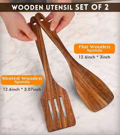 2Pcs Wooden Spatula, Acacia Solid & Slotted Turner Spatula Set, Long Handle Flat Frying Spatulas, Ideal Kitchen Gift for Mother and Grandma, Kitchen Utensils Set for Cooking, Frying, Baking