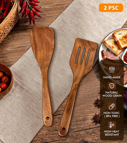2Pcs Wooden Spatula, Acacia Solid & Slotted Turner Spatula Set, Long Handle Flat Frying Spatulas, Ideal Kitchen Gift for Mother and Grandma, Kitchen Utensils Set for Cooking, Frying, Baking
