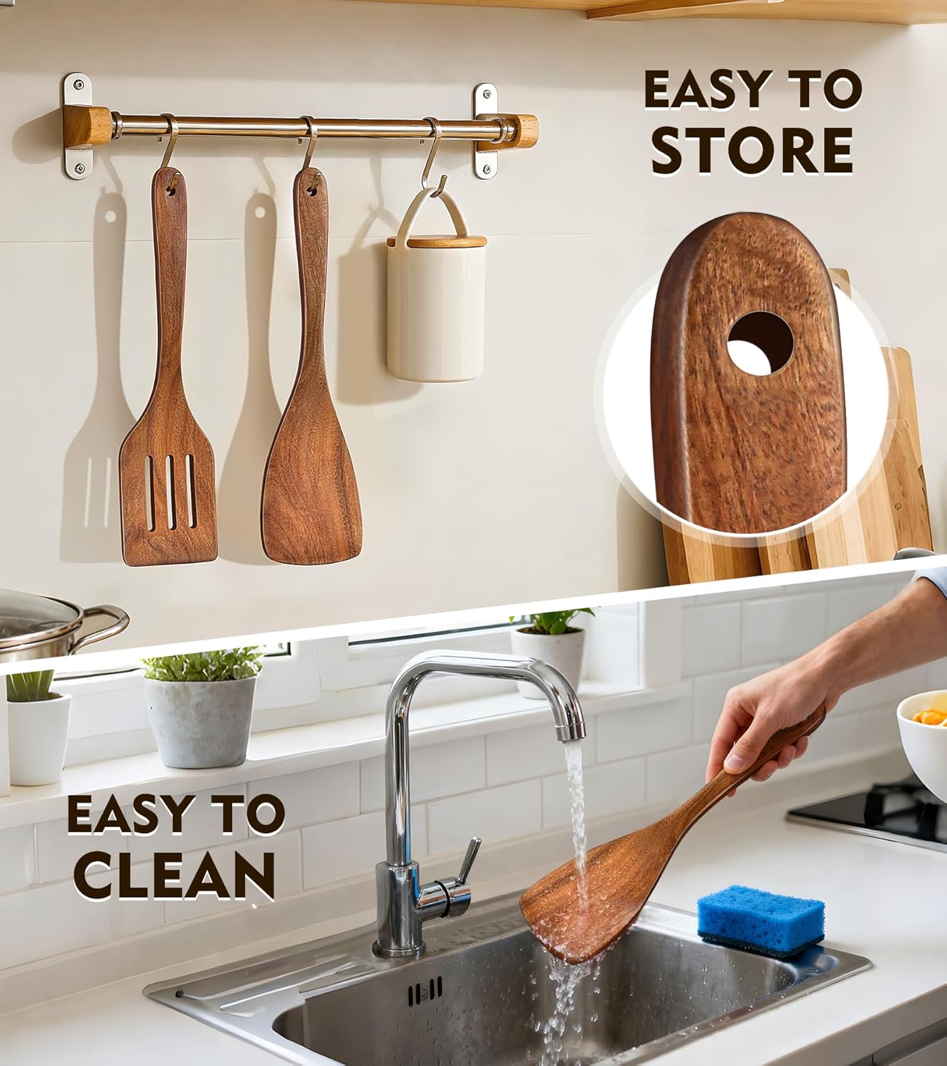 2Pcs Wooden Spatula, Acacia Solid & Slotted Turner Spatula Set, Long Handle Flat Frying Spatulas, Ideal Kitchen Gift for Mother and Grandma, Kitchen Utensils Set for Cooking, Frying, Baking