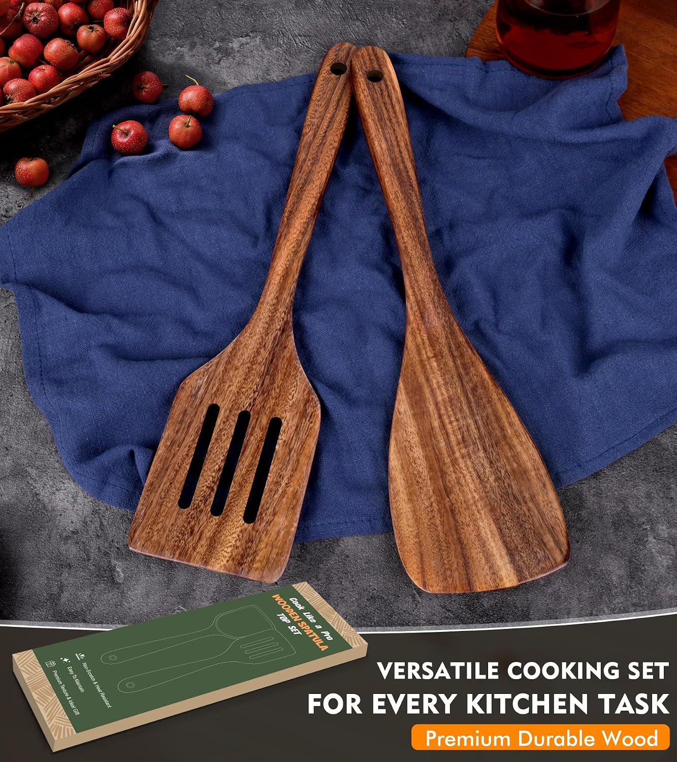 2Pcs Wooden Spatula, Acacia Solid & Slotted Turner Spatula Set, Long Handle Flat Frying Spatulas, Ideal Kitchen Gift for Mother and Grandma, Kitchen Utensils Set for Cooking, Frying, Baking
