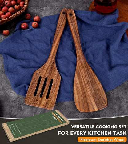 2Pcs Wooden Spatula, Acacia Solid & Slotted Turner Spatula Set, Long Handle Flat Frying Spatulas, Ideal Kitchen Gift for Mother and Grandma, Kitchen Utensils Set for Cooking, Frying, Baking