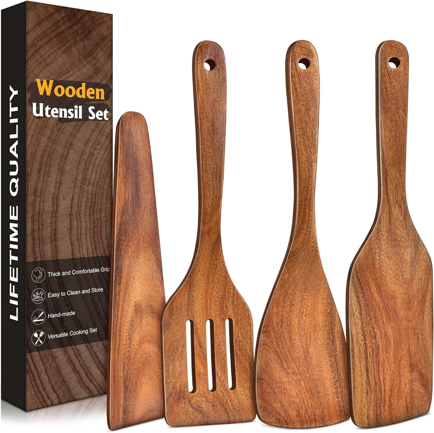 2Pcs Wooden Spatula, Acacia Solid & Slotted Turner Spatula Set, Long Handle Flat Frying Spatulas, Ideal Kitchen Gift for Mother and Grandma, Kitchen Utensils Set for Cooking, Frying, Baking