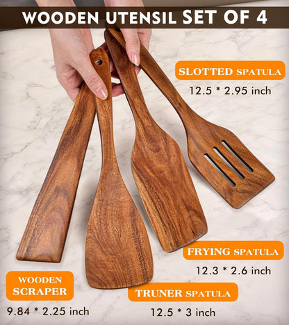 2Pcs Wooden Spatula, Acacia Solid & Slotted Turner Spatula Set, Long Handle Flat Frying Spatulas, Ideal Kitchen Gift for Mother and Grandma, Kitchen Utensils Set for Cooking, Frying, Baking