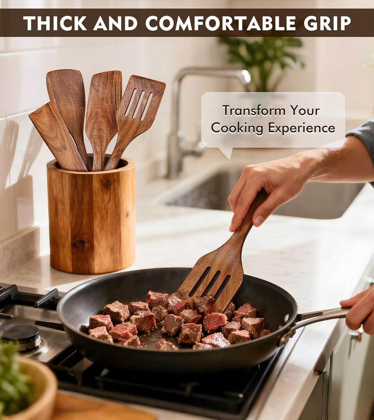 2Pcs Wooden Spatula, Acacia Solid & Slotted Turner Spatula Set, Long Handle Flat Frying Spatulas, Ideal Kitchen Gift for Mother and Grandma, Kitchen Utensils Set for Cooking, Frying, Baking