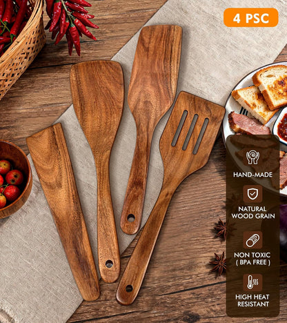2Pcs Wooden Spatula, Acacia Solid & Slotted Turner Spatula Set, Long Handle Flat Frying Spatulas, Ideal Kitchen Gift for Mother and Grandma, Kitchen Utensils Set for Cooking, Frying, Baking