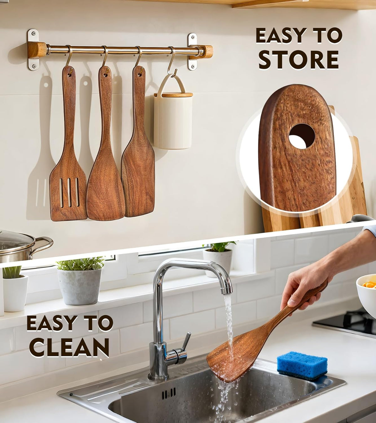 2Pcs Wooden Spatula, Acacia Solid & Slotted Turner Spatula Set, Long Handle Flat Frying Spatulas, Ideal Kitchen Gift for Mother and Grandma, Kitchen Utensils Set for Cooking, Frying, Baking