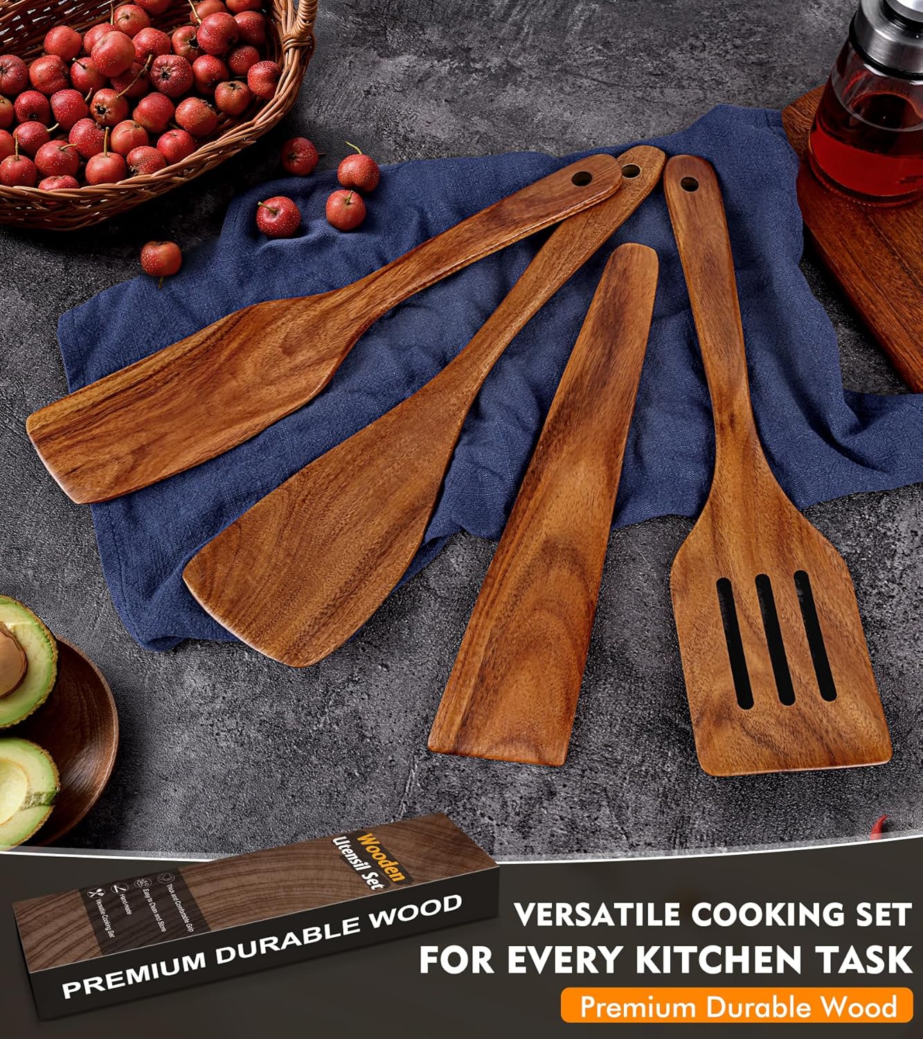 2Pcs Wooden Spatula, Acacia Solid & Slotted Turner Spatula Set, Long Handle Flat Frying Spatulas, Ideal Kitchen Gift for Mother and Grandma, Kitchen Utensils Set for Cooking, Frying, Baking