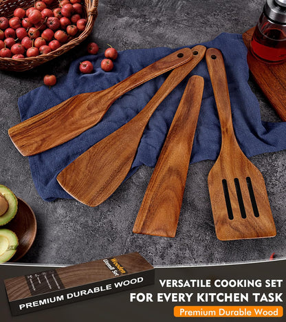 2Pcs Wooden Spatula, Acacia Solid & Slotted Turner Spatula Set, Long Handle Flat Frying Spatulas, Ideal Kitchen Gift for Mother and Grandma, Kitchen Utensils Set for Cooking, Frying, Baking