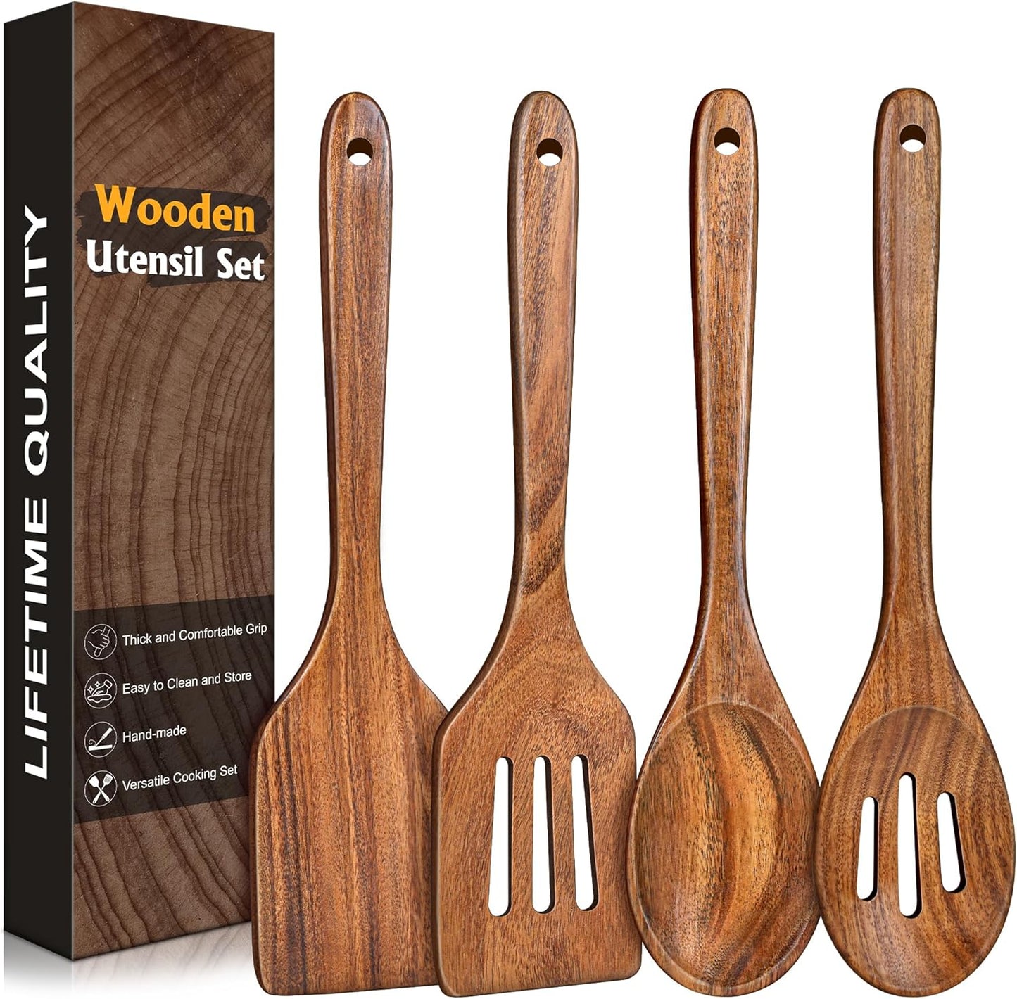2Pcs Wooden Spatula, Acacia Solid & Slotted Turner Spatula Set, Long Handle Flat Frying Spatulas, Ideal Kitchen Gift for Mother and Grandma, Kitchen Utensils Set for Cooking, Frying, Baking
