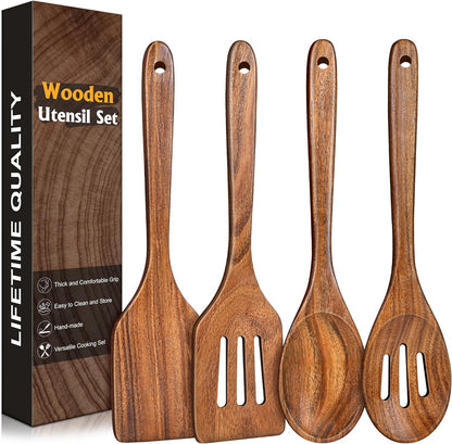 2Pcs Wooden Spatula, Acacia Solid & Slotted Turner Spatula Set, Long Handle Flat Frying Spatulas, Ideal Kitchen Gift for Mother and Grandma, Kitchen Utensils Set for Cooking, Frying, Baking