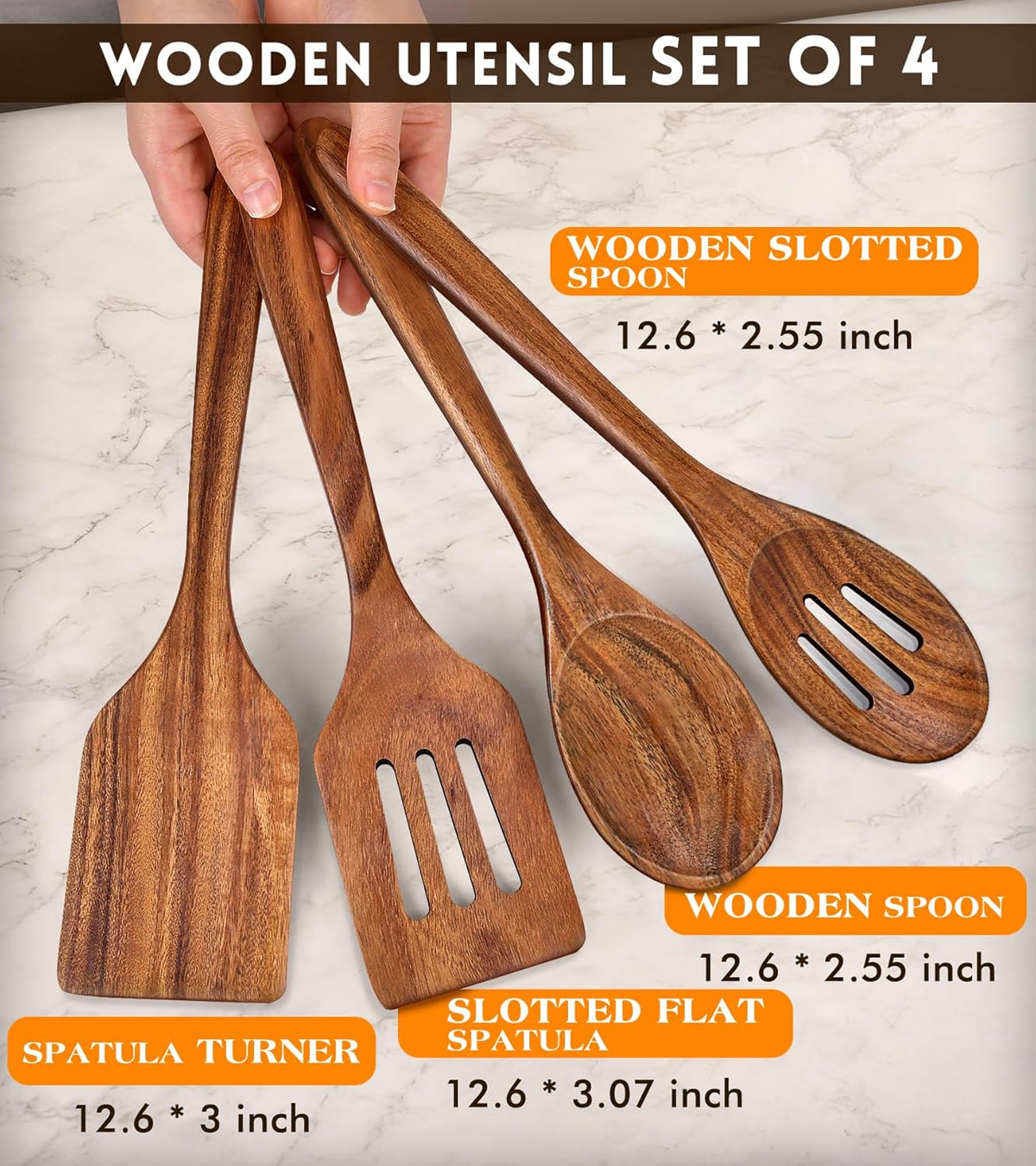 2Pcs Wooden Spatula, Acacia Solid & Slotted Turner Spatula Set, Long Handle Flat Frying Spatulas, Ideal Kitchen Gift for Mother and Grandma, Kitchen Utensils Set for Cooking, Frying, Baking