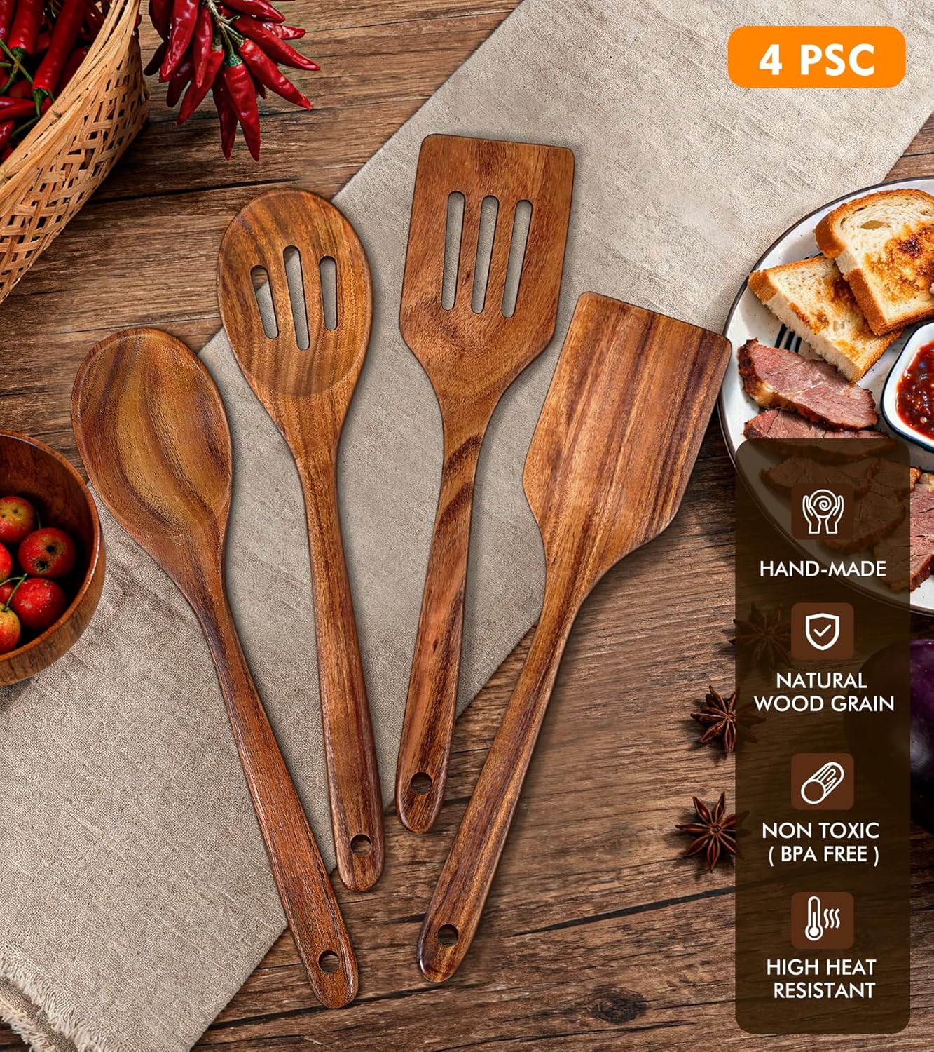 2Pcs Wooden Spatula, Acacia Solid & Slotted Turner Spatula Set, Long Handle Flat Frying Spatulas, Ideal Kitchen Gift for Mother and Grandma, Kitchen Utensils Set for Cooking, Frying, Baking