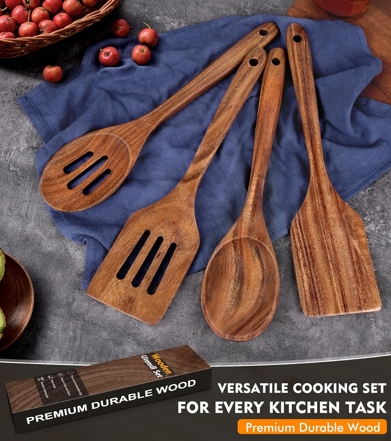 2Pcs Wooden Spatula, Acacia Solid & Slotted Turner Spatula Set, Long Handle Flat Frying Spatulas, Ideal Kitchen Gift for Mother and Grandma, Kitchen Utensils Set for Cooking, Frying, Baking