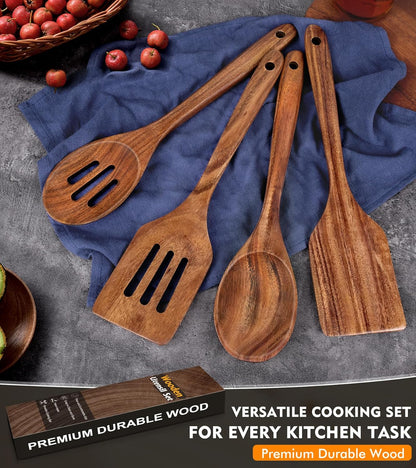 2Pcs Wooden Spatula, Acacia Solid & Slotted Turner Spatula Set, Long Handle Flat Frying Spatulas, Ideal Kitchen Gift for Mother and Grandma, Kitchen Utensils Set for Cooking, Frying, Baking