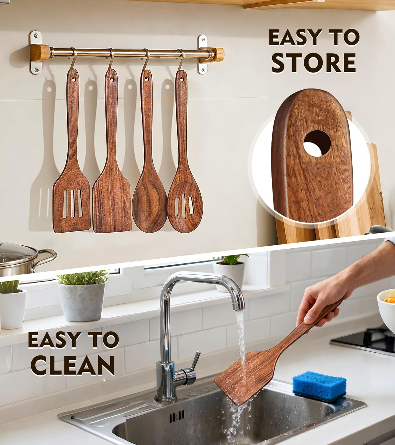 2Pcs Wooden Spatula, Acacia Solid & Slotted Turner Spatula Set, Long Handle Flat Frying Spatulas, Ideal Kitchen Gift for Mother and Grandma, Kitchen Utensils Set for Cooking, Frying, Baking