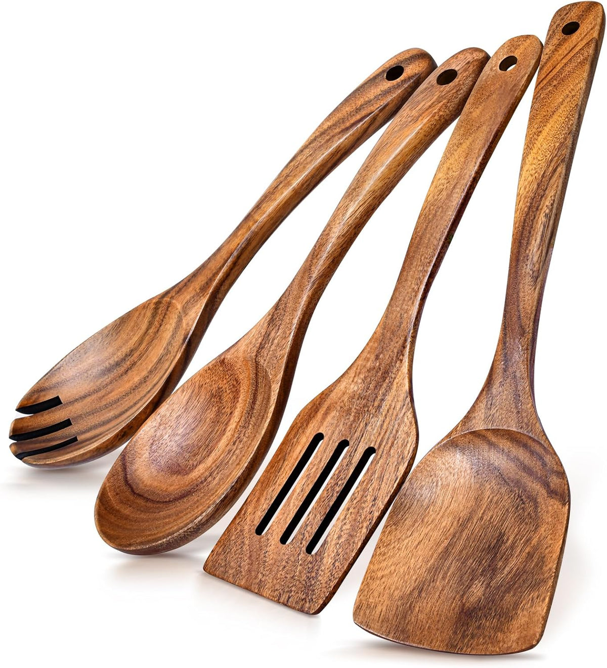 2Pcs Wooden Spatula, Acacia Solid & Slotted Turner Spatula Set, Long Handle Flat Frying Spatulas, Ideal Kitchen Gift for Mother and Grandma, Kitchen Utensils Set for Cooking, Frying, Baking