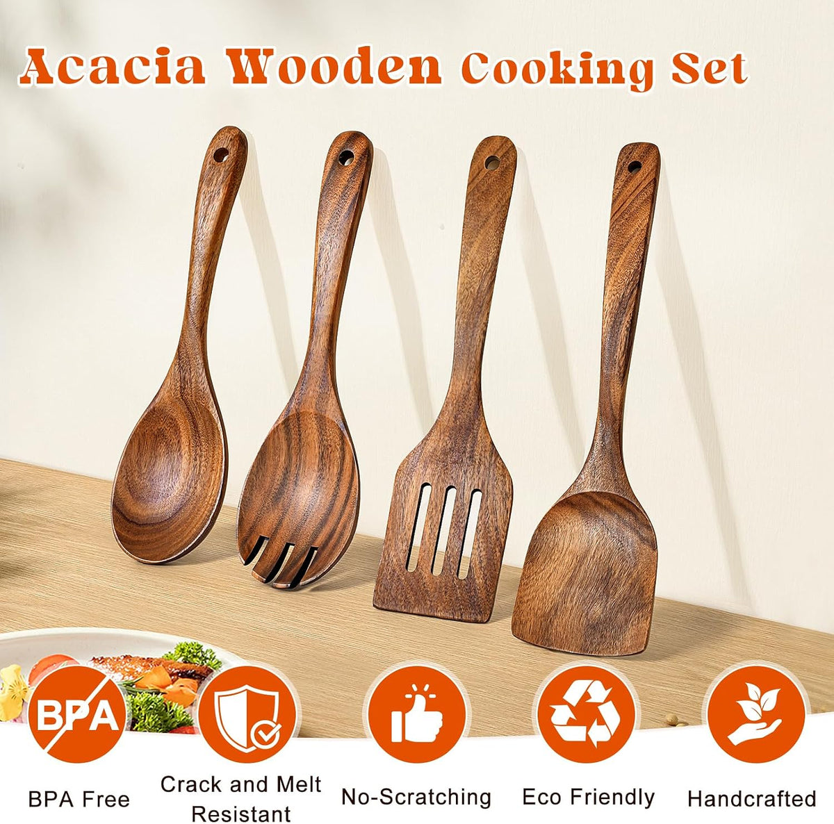 2Pcs Wooden Spatula, Acacia Solid & Slotted Turner Spatula Set, Long Handle Flat Frying Spatulas, Ideal Kitchen Gift for Mother and Grandma, Kitchen Utensils Set for Cooking, Frying, Baking