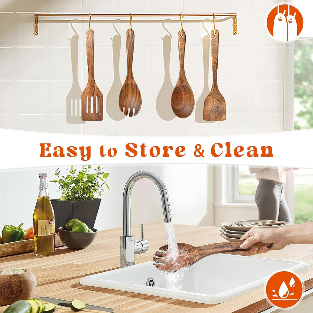 2Pcs Wooden Spatula, Acacia Solid & Slotted Turner Spatula Set, Long Handle Flat Frying Spatulas, Ideal Kitchen Gift for Mother and Grandma, Kitchen Utensils Set for Cooking, Frying, Baking