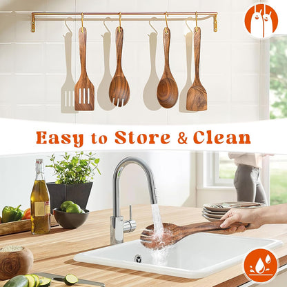 2Pcs Wooden Spatula, Acacia Solid & Slotted Turner Spatula Set, Long Handle Flat Frying Spatulas, Ideal Kitchen Gift for Mother and Grandma, Kitchen Utensils Set for Cooking, Frying, Baking