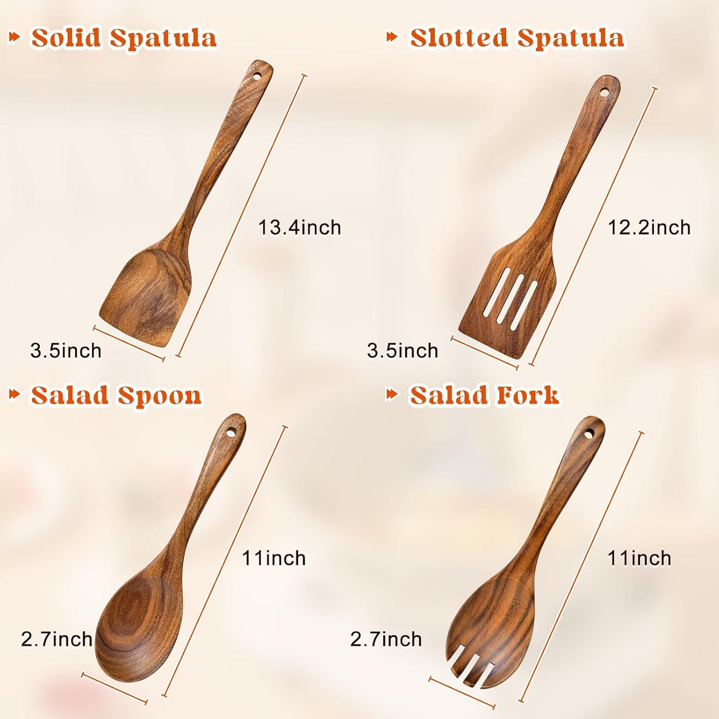 2Pcs Wooden Spatula, Acacia Solid & Slotted Turner Spatula Set, Long Handle Flat Frying Spatulas, Ideal Kitchen Gift for Mother and Grandma, Kitchen Utensils Set for Cooking, Frying, Baking