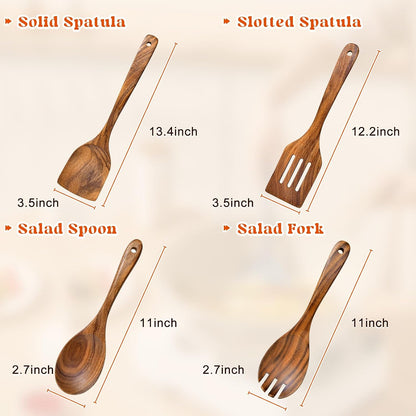 2Pcs Wooden Spatula, Acacia Solid & Slotted Turner Spatula Set, Long Handle Flat Frying Spatulas, Ideal Kitchen Gift for Mother and Grandma, Kitchen Utensils Set for Cooking, Frying, Baking