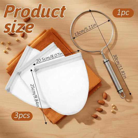 Ultra Fine Mesh Strainer Bags with Stainless Steel Handle, 3 Pcs Reusable Nut Milk Bag Strainer, Juice Strainers Mesh Filter Bags Cheese Cloth Bag for Straining Nutmilk, Coffee, Tea, Yogurt (Small)