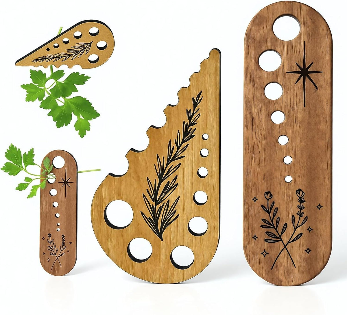 2 Pack Wooden Herb Stripper and Vegetable Leaf Separator, Wood Kale Remover Tool with 2 Unique Shapes, Fun Kitchen Gadgets for Thyme Rosemary and Parsley