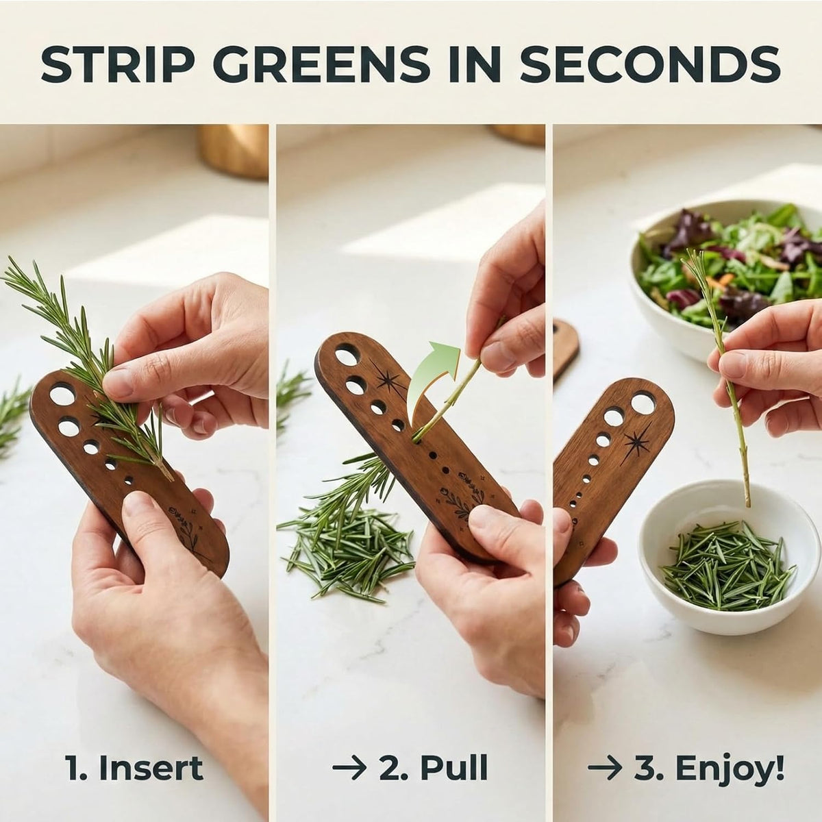 2 Pack Wooden Herb Stripper and Vegetable Leaf Separator, Wood Kale Remover Tool with 2 Unique Shapes, Fun Kitchen Gadgets for Thyme Rosemary and Parsley