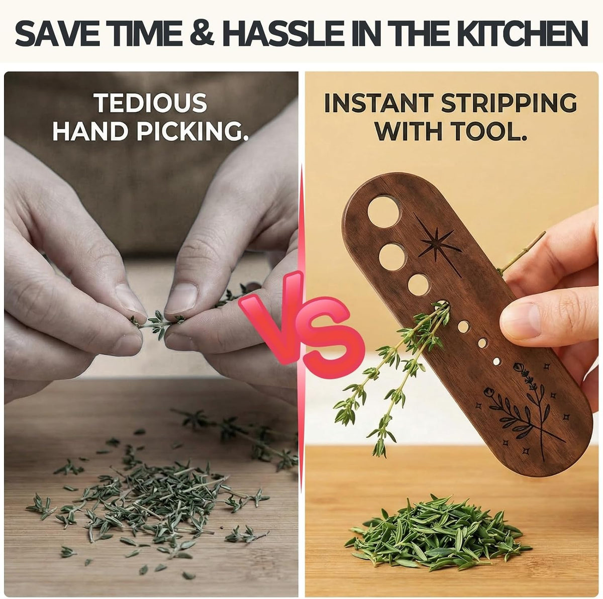 2 Pack Wooden Herb Stripper and Vegetable Leaf Separator, Wood Kale Remover Tool with 2 Unique Shapes, Fun Kitchen Gadgets for Thyme Rosemary and Parsley
