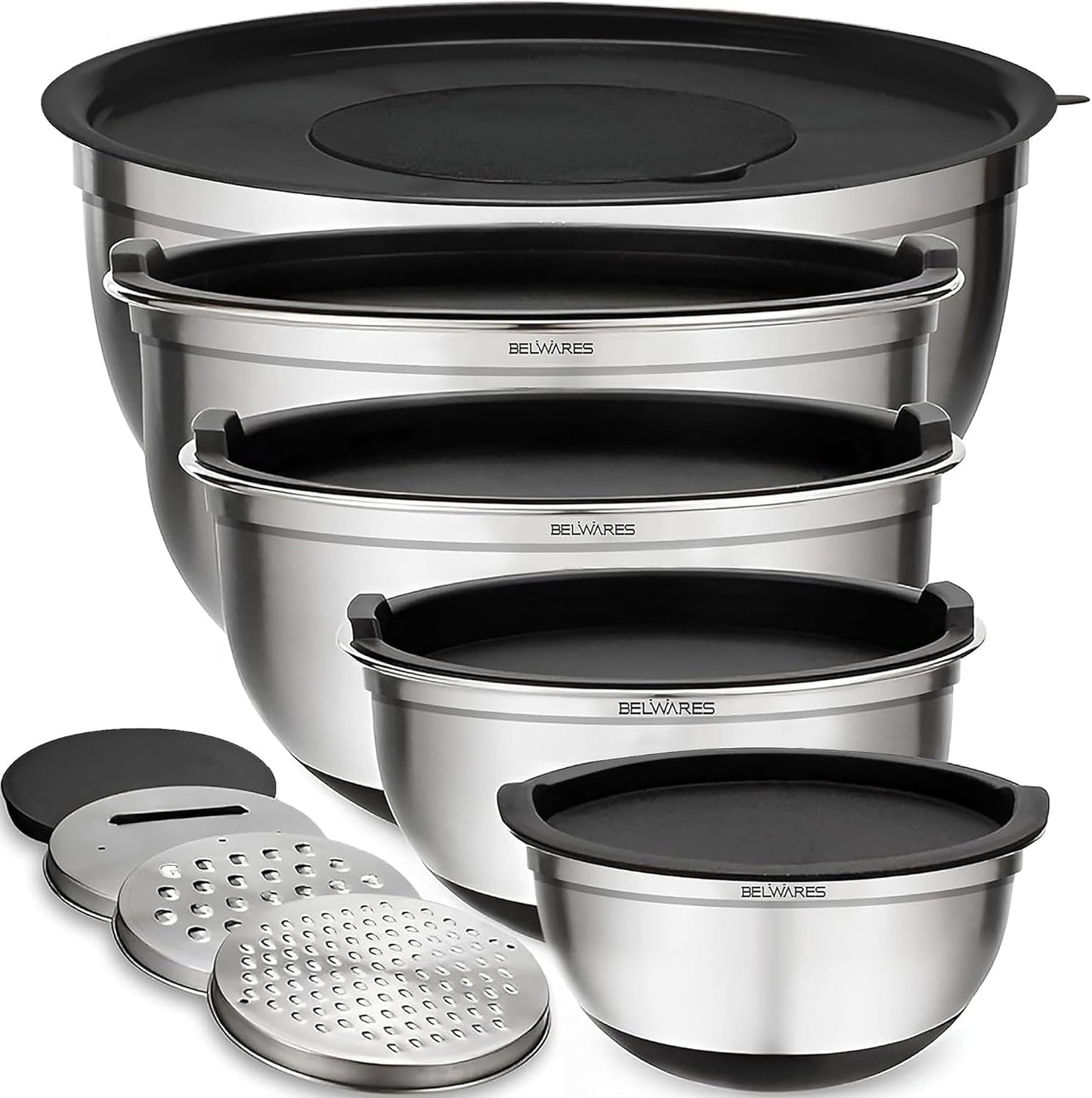 Mixing Bowls with Lids Set of 5 - Stainless Steel Nesting Metal Bowl Set | Airtight Lids, Non Slip Bottoms, 3 Grater Attachments Included, Nesting Design Saves Space for Baking, Food Prep and Storage