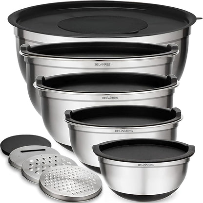 Mixing Bowls with Lids Set of 5 - Stainless Steel Nesting Metal Bowl Set | Airtight Lids, Non Slip Bottoms, 3 Grater Attachments Included, Nesting Design Saves Space for Baking, Food Prep and Storage