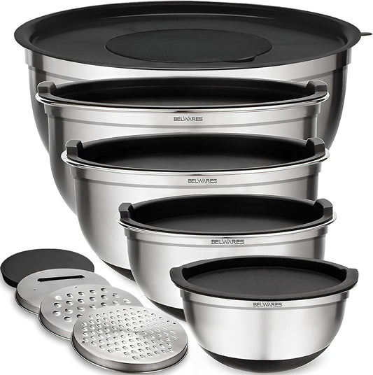 Mixing Bowls with Lids Set of 5 - Stainless Steel Nesting Metal Bowl Set | Airtight Lids, Non Slip Bottoms, 3 Grater Attachments Included, Nesting Design Saves Space for Baking, Food Prep and Storage