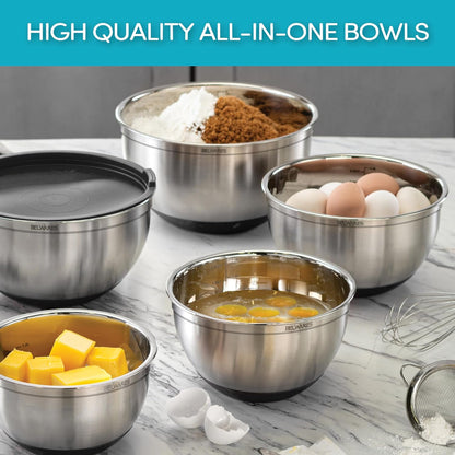 Mixing Bowls with Lids Set of 5 - Stainless Steel Nesting Metal Bowl Set | Airtight Lids, Non Slip Bottoms, 3 Grater Attachments Included, Nesting Design Saves Space for Baking, Food Prep and Storage