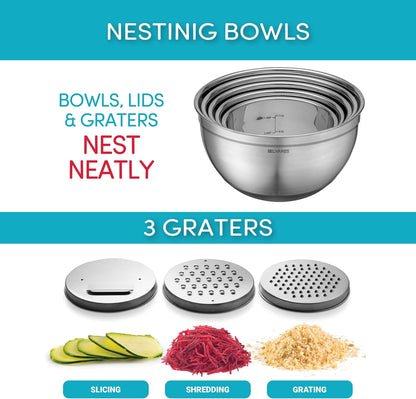 Mixing Bowls with Lids Set of 5 - Stainless Steel Nesting Metal Bowl Set | Airtight Lids, Non Slip Bottoms, 3 Grater Attachments Included, Nesting Design Saves Space for Baking, Food Prep and Storage