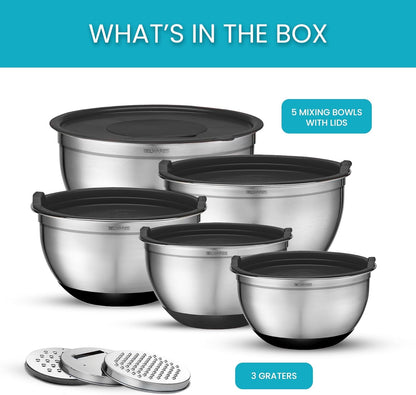 Mixing Bowls with Lids Set of 5 - Stainless Steel Nesting Metal Bowl Set | Airtight Lids, Non Slip Bottoms, 3 Grater Attachments Included, Nesting Design Saves Space for Baking, Food Prep and Storage