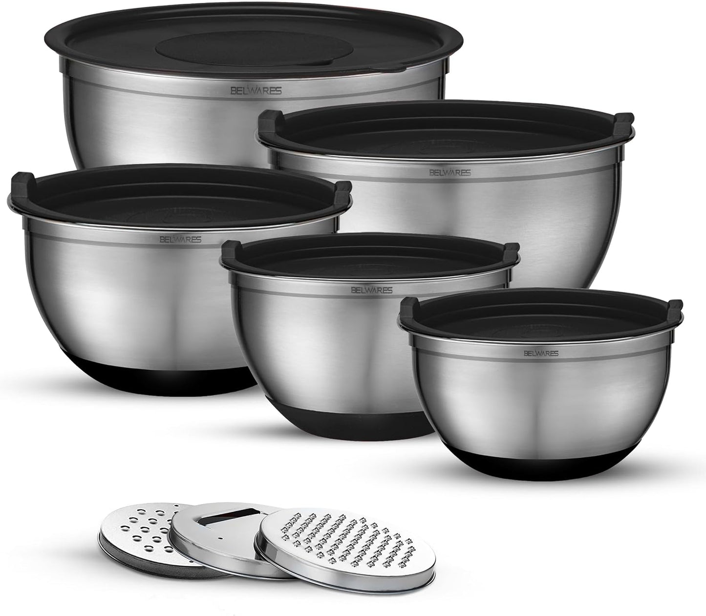 Mixing Bowls with Lids Set of 5 - Stainless Steel Nesting Metal Bowl Set | Airtight Lids, Non Slip Bottoms, 3 Grater Attachments Included, Nesting Design Saves Space for Baking, Food Prep and Storage