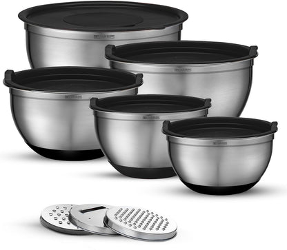Mixing Bowls with Lids Set of 5 - Stainless Steel Nesting Metal Bowl Set | Airtight Lids, Non Slip Bottoms, 3 Grater Attachments Included, Nesting Design Saves Space for Baking, Food Prep and Storage