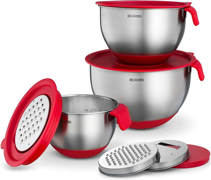Mixing Bowls with Lids Set of 5 - Stainless Steel Nesting Metal Bowl Set | Airtight Lids, Non Slip Bottoms, 3 Grater Attachments Included, Nesting Design Saves Space for Baking, Food Prep and Storage