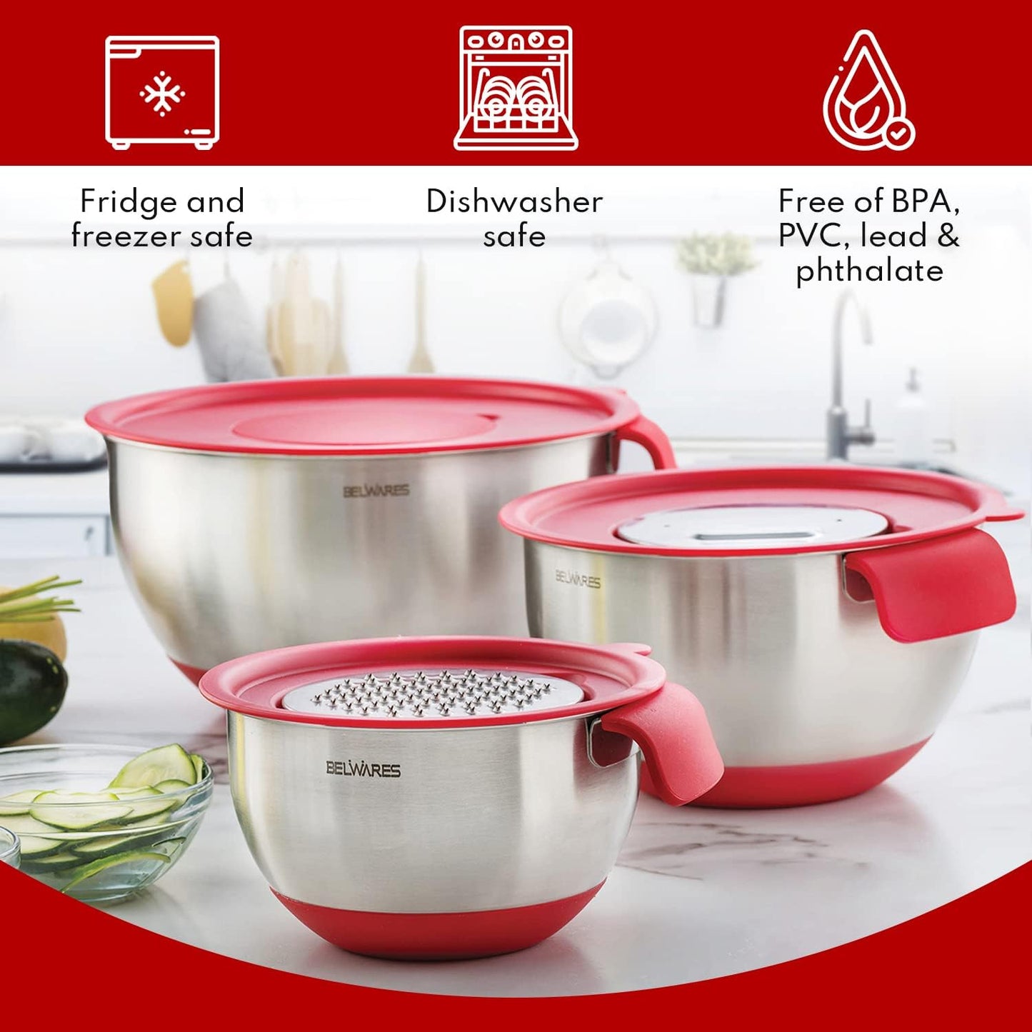 Mixing Bowls with Lids Set of 5 - Stainless Steel Nesting Metal Bowl Set | Airtight Lids, Non Slip Bottoms, 3 Grater Attachments Included, Nesting Design Saves Space for Baking, Food Prep and Storage