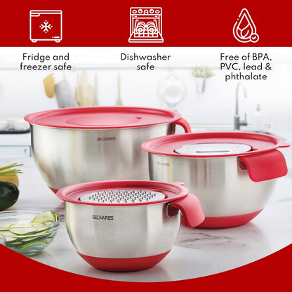 Mixing Bowls with Lids Set of 5 - Stainless Steel Nesting Metal Bowl Set | Airtight Lids, Non Slip Bottoms, 3 Grater Attachments Included, Nesting Design Saves Space for Baking, Food Prep and Storage