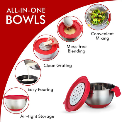 Mixing Bowls with Lids Set of 5 - Stainless Steel Nesting Metal Bowl Set | Airtight Lids, Non Slip Bottoms, 3 Grater Attachments Included, Nesting Design Saves Space for Baking, Food Prep and Storage