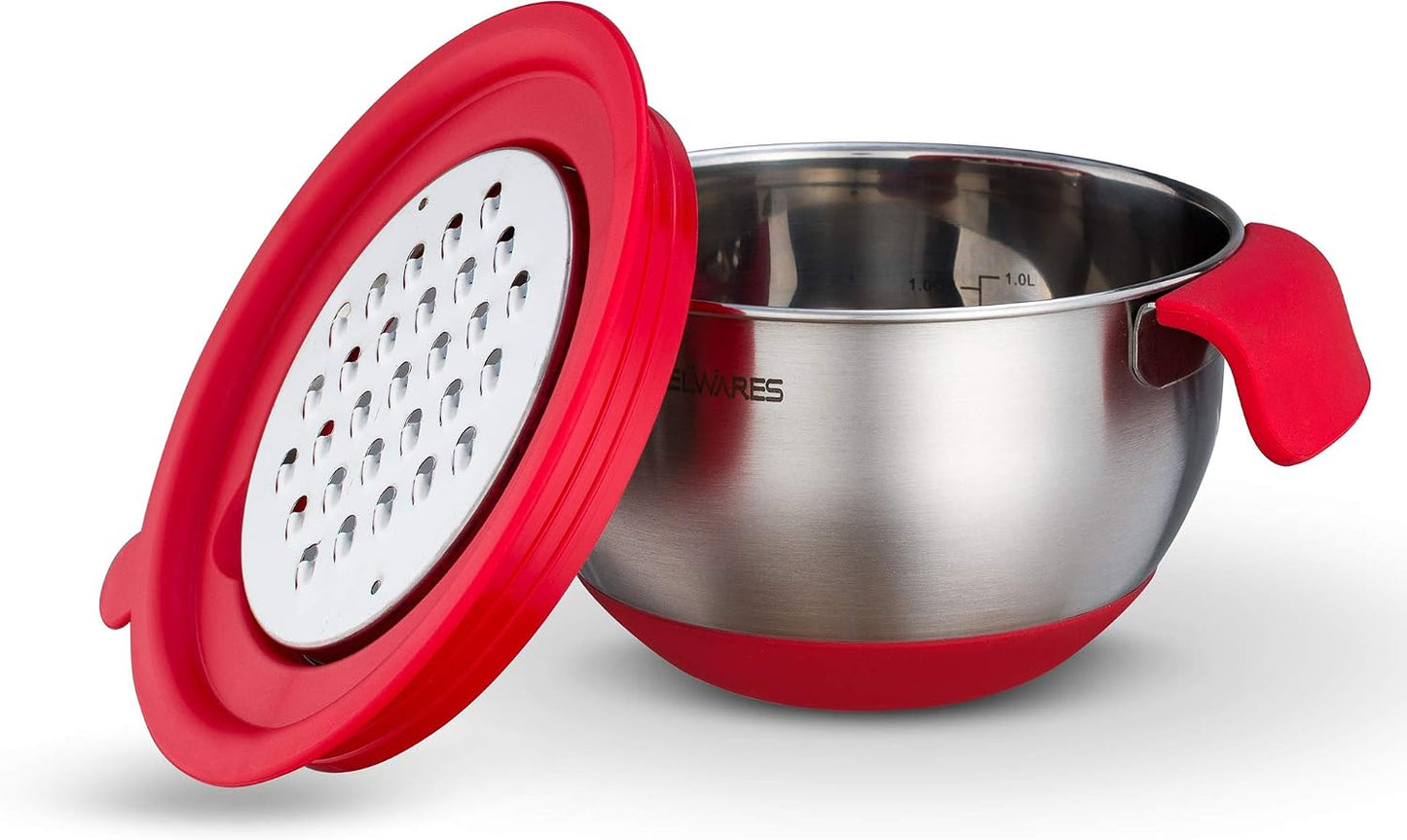 Mixing Bowls with Lids Set of 5 - Stainless Steel Nesting Metal Bowl Set | Airtight Lids, Non Slip Bottoms, 3 Grater Attachments Included, Nesting Design Saves Space for Baking, Food Prep and Storage
