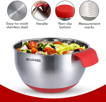 Mixing Bowls with Lids Set of 5 - Stainless Steel Nesting Metal Bowl Set | Airtight Lids, Non Slip Bottoms, 3 Grater Attachments Included, Nesting Design Saves Space for Baking, Food Prep and Storage
