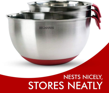Mixing Bowls with Lids Set of 5 - Stainless Steel Nesting Metal Bowl Set | Airtight Lids, Non Slip Bottoms, 3 Grater Attachments Included, Nesting Design Saves Space for Baking, Food Prep and Storage